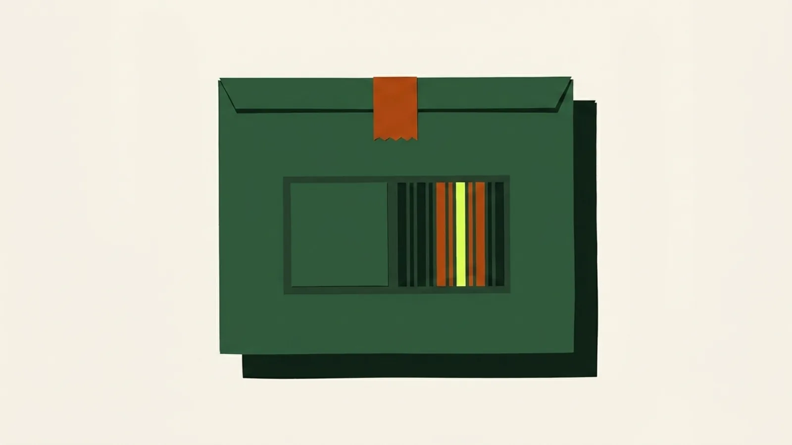 A cut-paper illustration seen from above: a sealed cardboard parcel with a blank shipping label on its lid, a block of vertical bars of varying width beside it, and a strip of packing tape.
